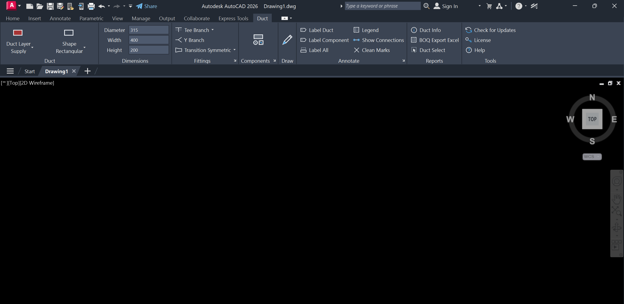 2Duct running in Autodesk AutoCAD 2026 with controls for duct layers, dimensions, fittings, components, annotations, reports and tools.